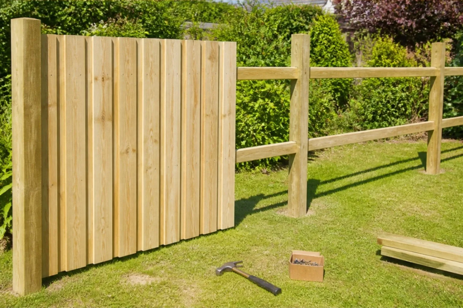Timber fence part-built with posts, two rails and the first boards fixed