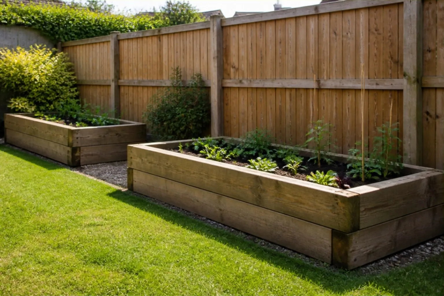 Two raised vegetable beds built from treated timber sleepers in a back garden